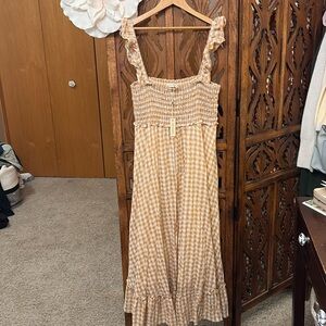 Max Studio Beige Gingham Smocked Maxi Dress